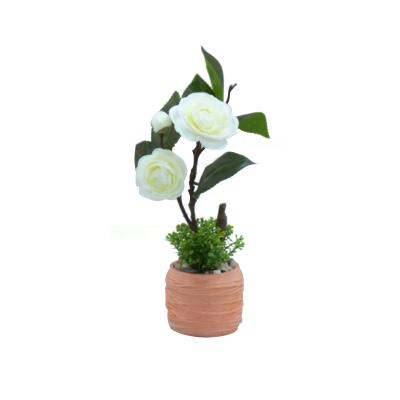 China High Quality Artificial Home Decotation With Pot Artificial Flower Camellia White Rose On Hot Sale Wedding Home Decorative Flowers for sale