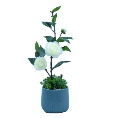 China High Quality Artificial Home Decotation With Pot Artificial Flower Camellia White Rose On Hot Sale Wedding Home Decorative Flowers for sale