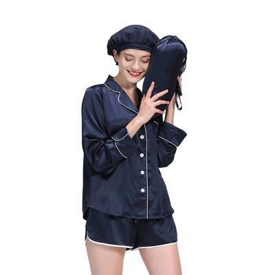 China Piping design silk pajamas breathable 2 pieces set 22momme 100% silk womenswear long sleeves with shorts night wear for sale