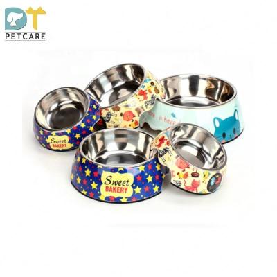 China Sustainable Wholesale Cute Cartoon 2 In 1 Stainless Steel Dog Cat Pet Food Water Double Bowls Feeder for sale