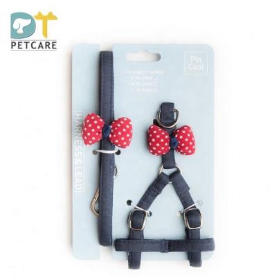 China 2020 Viable New Style Cotton Cat And Dog Pull Rope Chest Harness Set With Cute Polka Dot Bow Woven Harness With Bowknot for sale