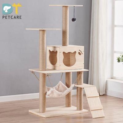 China Hot Selling Rope Integrated Solid Wood Frame Stocked Sisal Cat Climbing Striping Post Platform Hammock Stairs Cat Jumping Toy for sale