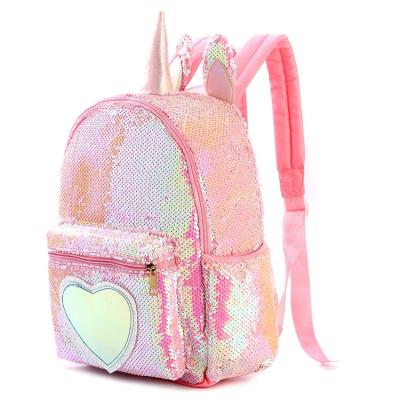 China Other New RTS Schoolbags For School Cute Unicorn Sequined Polyester Backpack In Stock Girls Pattern Backpack Heart Shaped School Bag for sale