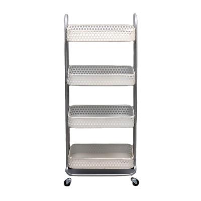 China Multifunctional 4-Tier Kitchen Storage Rack With Wheels Basket Rack Bar Cart Trolley Silver White for sale