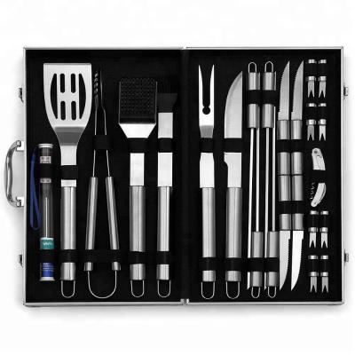 China Easily Cleaned Amazon Hot Sell 24 Piece 17inch Stainless Steel BBQ Utensils Set With Aluminum Case for sale