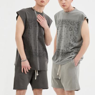 China 2022 Fashion Vintage Fashion Tank Top Sweat Shorts Mens Set QUICK DRY Cotton Gym Custom Printed Tan Top Mens Shorts Two Piece Sets for sale