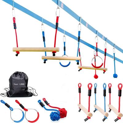 China Durable Ninja Warrior Obstacle Course for Kids Play Outside Ninja Slackline Course Including Climbing Net, Rings, Monkey Bar for sale