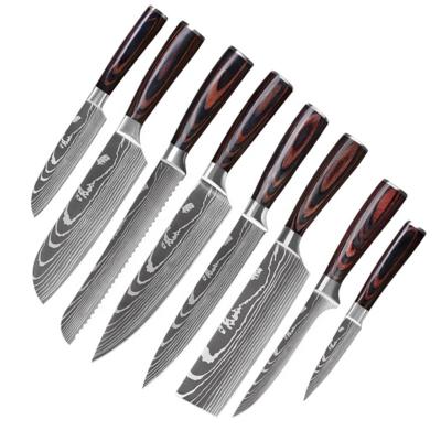 China 8 PCS Stainless Steel Damascus Blades Laser Chef Santoku Knives Kitchen Knife Stocked Serving Set for sale