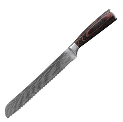 China Durable 8 Inch Damascus Laser Pattern Serrated Knives Pakka Handle Kitchen Cutting Knife Stainless Steel Wood Bread Knife for sale