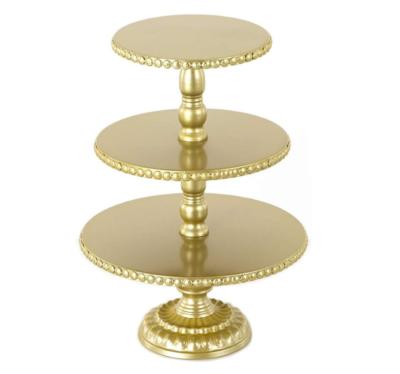 China Vintage Sustainable Metal 18k Gold Circular Cake Stand Wedding Party Dessert Base Cake Display Dish 3 Tier Fancy Tier Cake Rack for sale