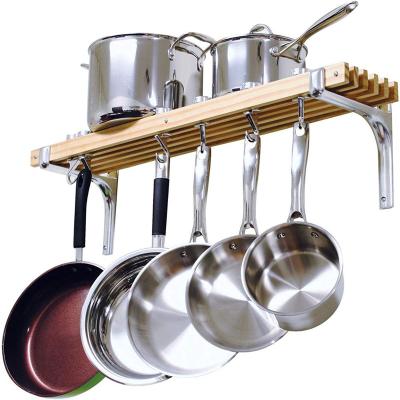 China Wall Mounted Wooden Cooks Standard Pot Rack Stocked 36 By 8 Inch Customize High Quality Wooden Metal Cookware Kitchenware Rack for sale