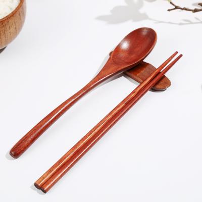 China Eco-friendly Natural Dark Brown Wood Wooden Spoon Chopsticks Set Portable Flatware Vacation Travel Dinnerware Set for sale