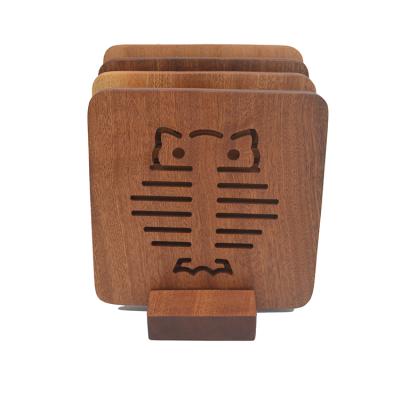 China Anti Slip Table Cup Cat Wooden Coaster Mat With Sustainable Stand for sale