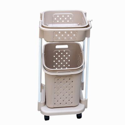 China Hot Selling Sustainable 2 Layer Storage Plastic Laundry Hamper With Wheels Food Organizer For Kitchen Pantry Cabinet for sale