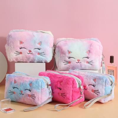 China Fashion Cute Plush Kids Rainbow Belt Zipper Cartoon Colorful Cat Cosmetic Bag Soft Makeup Pouch for sale