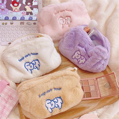 China Custom Square Plush Soft Plush Pencil Case Bag Travel Storage Makeup Cosmetic Bag Cute Embroidery Pattern Wash Logo Cosmetic Bag for sale