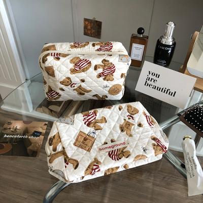 China Large Capacity Cute Fashion Bear Print Rhombus Cotton Pouch Make Up Travel Bag Girls Waterproof Cosmetic Bag With Zipper for sale