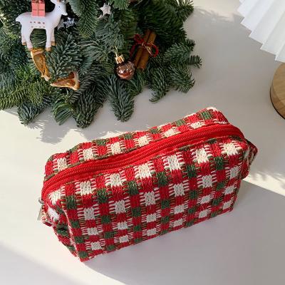 China Retro Pen Bag Coarse Knit Plaid Fashion Large Capacity Storage INS Polyester Woven Bag Cute Christmas Portable Wash Cosmetic Bag for sale