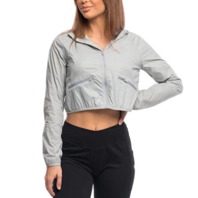 China Lightweight 100% Breathable Nylon Woven Women Training And Jogging Wear Cropped Top Female Waterproof Jacket With Zipper Pocket for sale