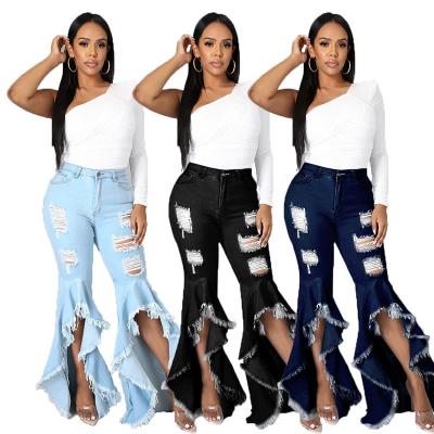 China Breathable Plus Size Womens Ripped Jeans Super Stretch Jeans Flare Pants Ripped Street Jeans for sale