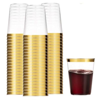 China 9oz Single Wall Gold Rim Clear Hard Disposable Plastic Cups Glass Tumblers For Wine Cocktail Party Wedding Drinking Bar for sale