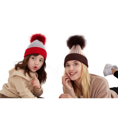 China JOINT Kids Tow Tone Rabbit Wool Custom Winter Mommy And Me Ribbed Knitted Benaie Hat With Pom for sale