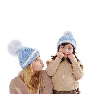 China COMMON white line sky blue winter kids knitted hat beanie with big pom for mom and baby wholesale for sale