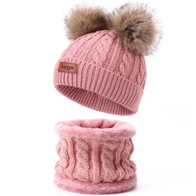 China COMMON Beanie Hat Winter Logo Baby Kids Twist Standard Leather Two-Piece Beanie Knit Hat Scarf Matches for sale