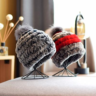 China 2022 New Arrival JOINT Rex Hair Fox Fur Hat Knitted Winter Striped Winter Hat Children Hats for sale