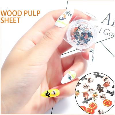 China New Fashionable Non-Toxic Art Wood Pulp Slices Halloween Theme Skull Pumpkin Nail Patches Charm Nail Accessories for sale