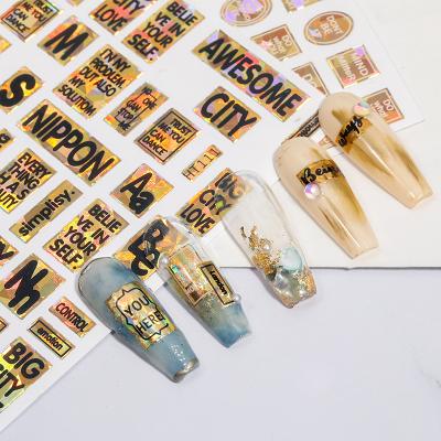 China New Retro Nail Stickers English 3D Laser Nail Non-Toxic Japanese Style Bronzing Astringent Applique Letters Adhesive DIY Nail Stickers for sale