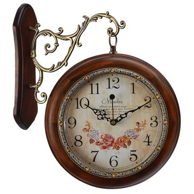 China Retro Design Double Side Clock Pine Wood Wall Clocks for sale