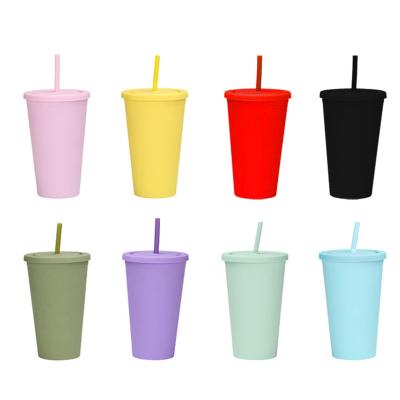 China Stocked 16oz 20oz Colored Matte Double Wall Tumbler Plastic Coffee Cup Travel Mug With Straw for sale