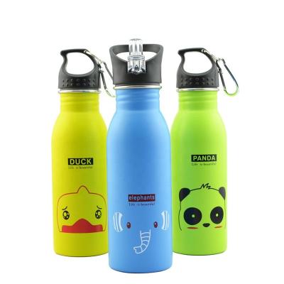 China Sustainable cute cartoon stainless steel single wall water bottles sports bottle for kids with carabiner for sale