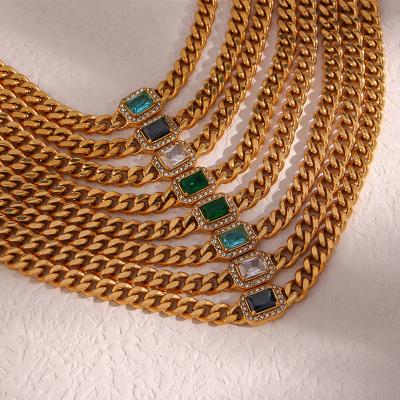 China Europe and America Advanced Emerald Versatile Stainless Steel Cuban Zircon Chain Necklace Versatile Collar Chain Jewelry for Women for sale