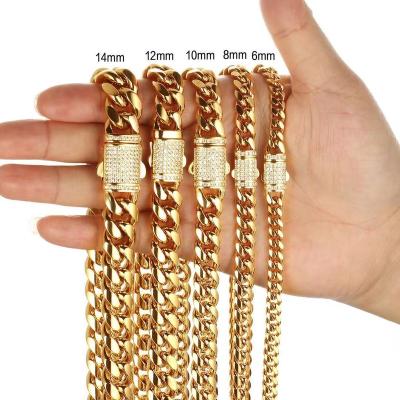 China Europe and America 18K Gold Titanium Steel Cuban Necklace With White Zircon Micro Set Lock Chain 6mm-14mm Miami Fashion Unisex Hip Hop Necklace for sale