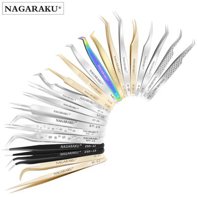 China NAGARAKU Eyelash Extension Tweezers Volume Straight Curved Tweezers Precise Non Magnetic Eyelash Extension Gold Insulator Wicks Tweezers for sale