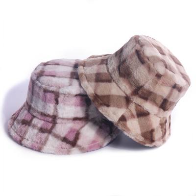 China New Fashion COMMON Outdoor Fishing Panama Hats Faux Fur Check Bob Hat Woman Winter Gorras Plaid Bucket Hats for sale