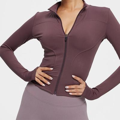 China Women's Long Sleeve Neck Support Solid Color Brush Yoga Jacket Sports Breathable Slim Fit Zipper Full Thumb Outwear for sale