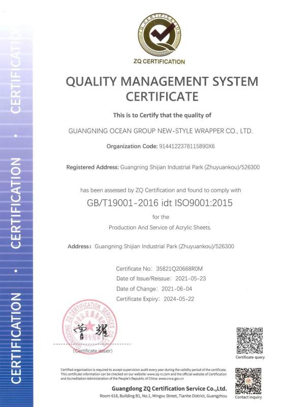 GB/T19001-2016 idt ISO9001:2015 - BESTA ACRYLIC CO., LTD.