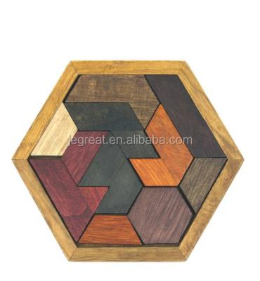 China Intellectual Development Wooden Hexagon Tangram Puzzle Toy Brain Teaser For Kids Children Adult for sale