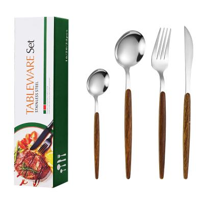 China Viable Wooden Handle Stainless Steel Knife and Fork Spoon Western Gold Gift 4 Pieces Knife and Fork Spoon Food Dinnerware Set for sale