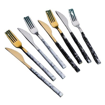 China Viable Stainless Steel Clip Handle Imitation Marble Knife, Fork and Spoon Japanese Food Western Dinnerware Set of 5 Pieces for sale