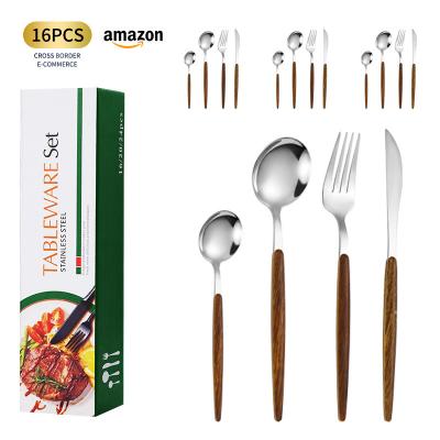 China Wooden Portuguese Western Imitation Spoon Dessert Spoon Handle Knife Viable Stainless Steel Retro Tableware And Fork Food 16 Piece Set for sale