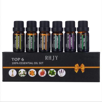 China Custom Logo Prue Natural 100% 10ml 6pcs Aroma Diffuser Gift Set Lavender Peppermini Sweet Orange Eucalyptus Lemongrass Tea Tree Essential Oil for sale