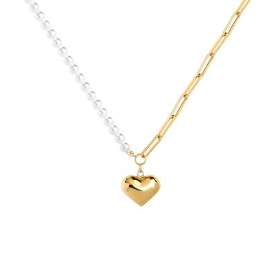 China Trendy S925 Sterling Silver Necklace Gold Plated Heart Paperclip Chain Pearl Clavicle Pendant Necklace for sale