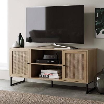 China Base Panel 2 Unit Entertainment TV Storage Furniture Vintage Rattan Wooden (Height) Door Stand Adjustable TV Rack Cabinet for sale