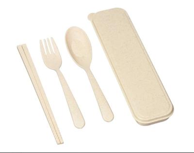 China Sustainable Portable Wheat Fiber Material Spoon Fork Chopsticks Flatware Sets With Case Dinnerware Set for sale