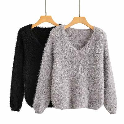 China Fashionable Women's Knitted Sweater Breathable Solid Winter Long Sleeve V-Neck Women Sweaters New Ladies Knitted Sweater for sale