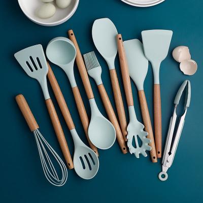 China Sustainable Silicone Cookware Set With Holder Handle Heat Resistant Wooden Kitchen Utensils Set for sale